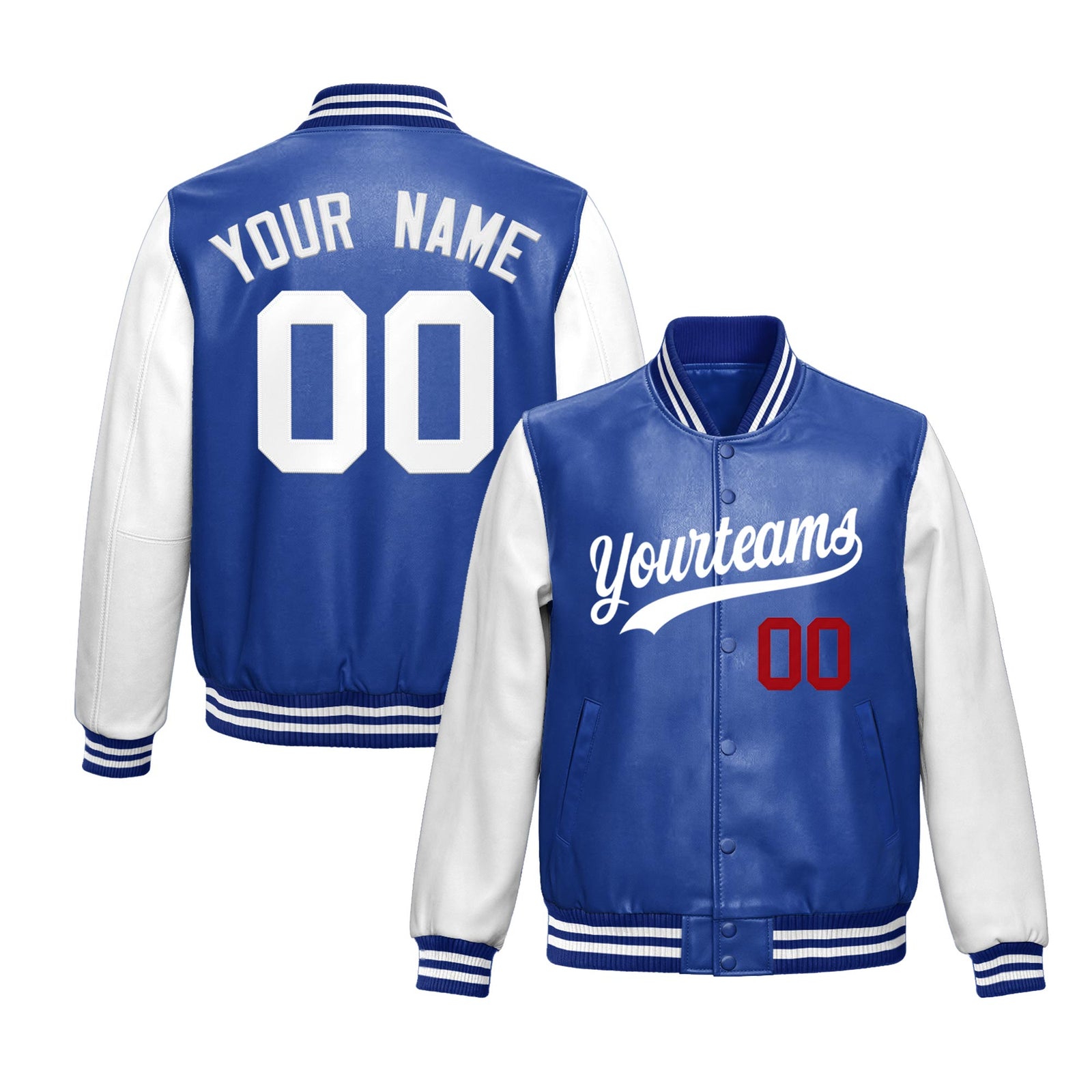 Custom Royal Blue White Raglan Sleeves Full-Snap Varsity Faux Leather Letterman Jacket| KXKSHOP