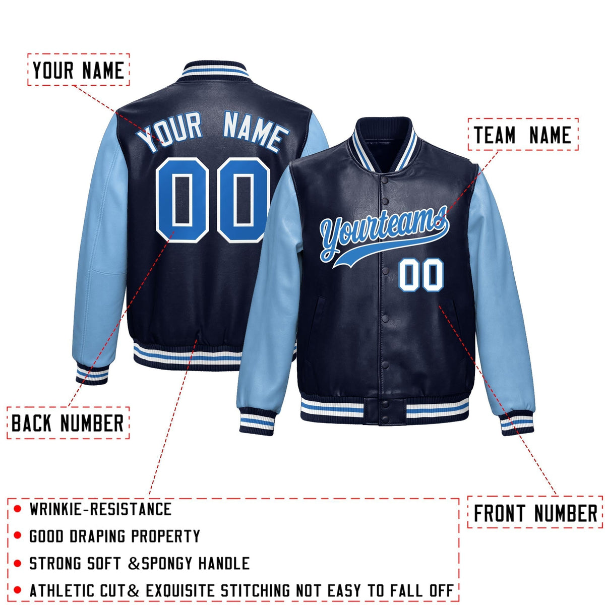 Custom Navy Powder Blue Raglan Sleeves Full-Snap Varsity Faux Leather Letterman Jacket| KXKSHOP