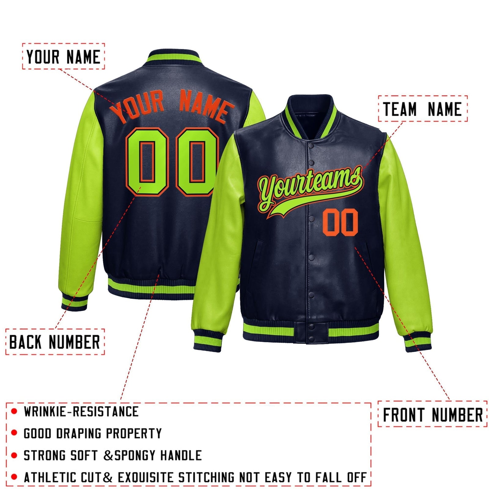 Custom Neon Green Navy Raglan Sleeves Full-Snap Varsity Faux Leather Letterman Jacket| KXKSHOP