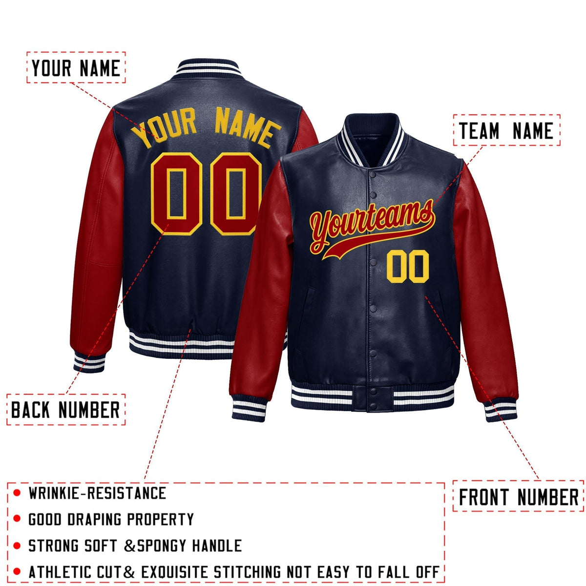 Custom Navy Red Gold Raglan Sleeves Full-Snap Varsity Faux Leather Letterman Jacket| KXKSHOP