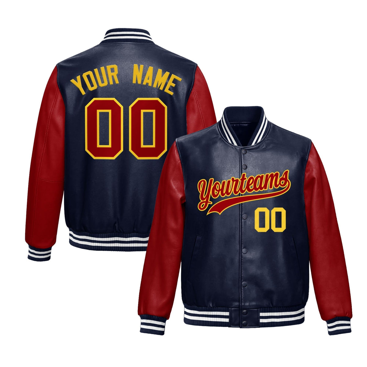 Custom Navy Red Gold Raglan Sleeves Full-Snap Varsity Faux Leather Letterman Jacket| KXKSHOP
