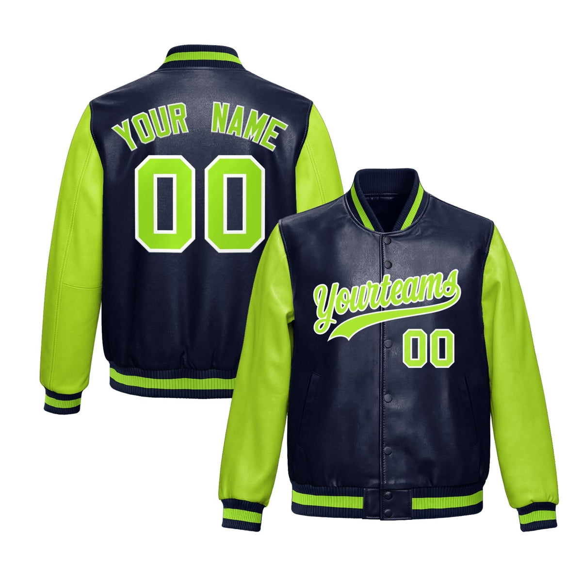 Custom Navy Neon Green Raglan Sleeves Full-Snap Varsity Faux Leather Letterman Jacket| KXKSHOP