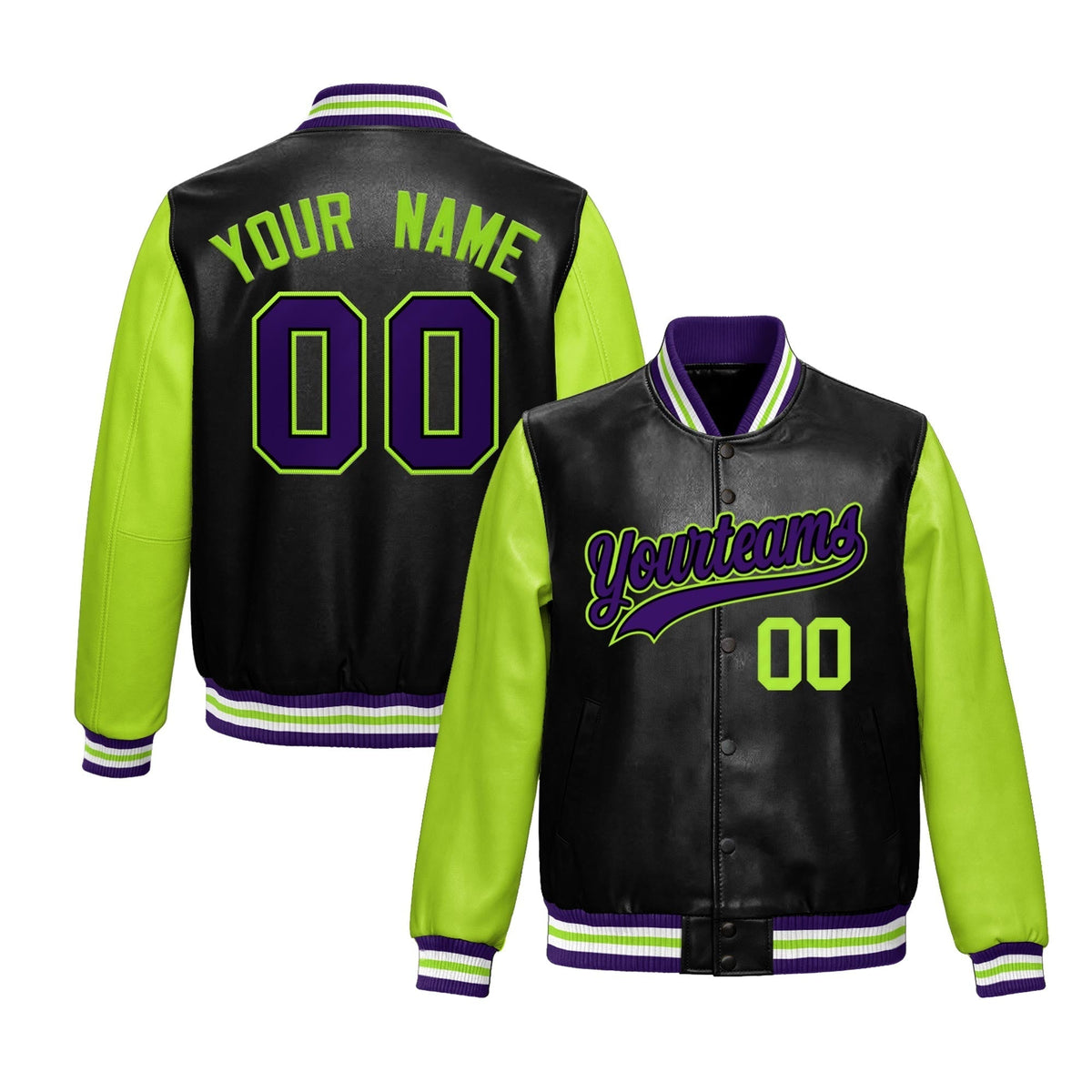 Custom Black Neon Green Raglan Sleeves Full-Snap Varsity Faux Leather Letterman Jacket| KXKSHOP