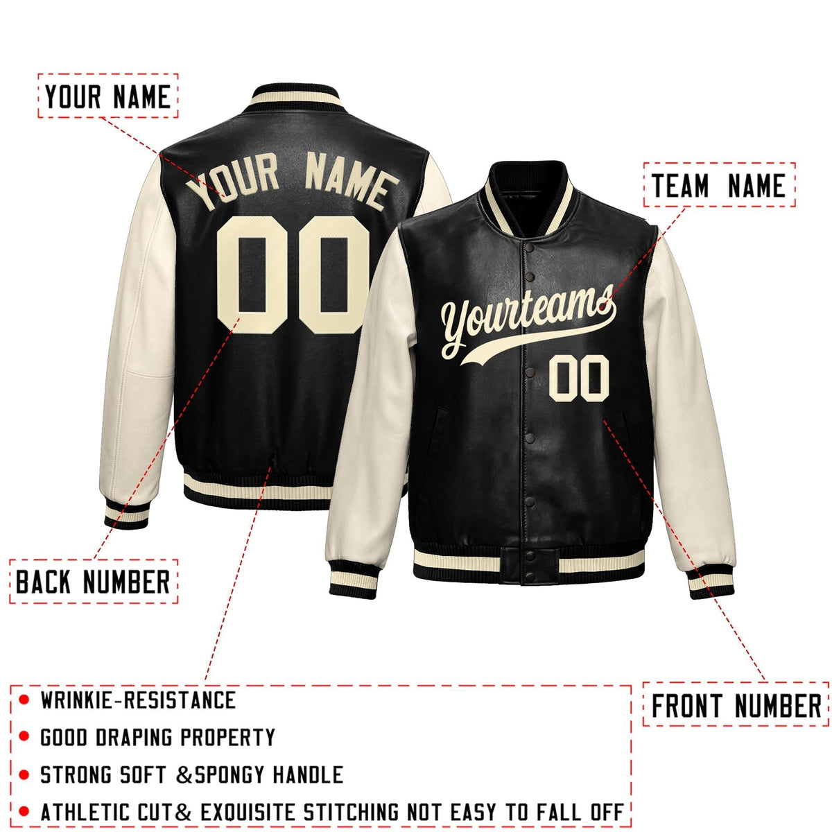 Custom Black Cream Raglan Sleeves Full-Snap Varsity Faux Leather Letterman Jacket| KXKSHOP