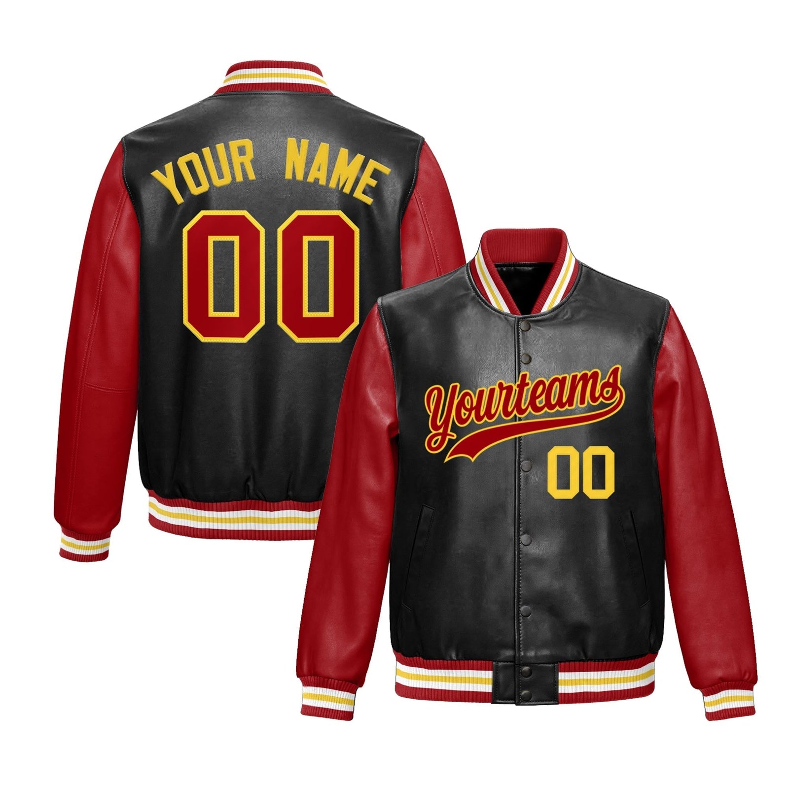 Custom Black Red Gold Raglan Sleeves Full-Snap Varsity Faux Leather Letterman Jacket| KXKSHOP