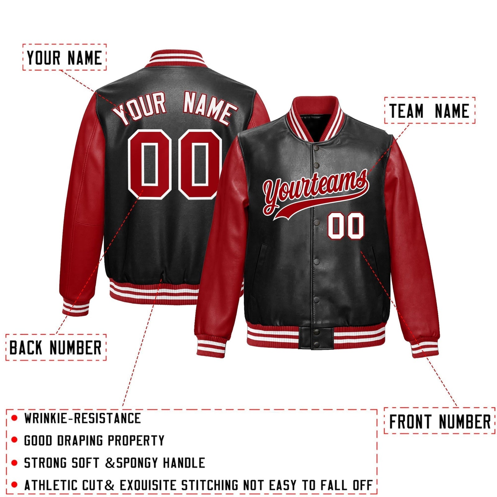 Custom Black Red White Raglan Sleeves Full-Snap Varsity Faux Leather Letterman Jacket| KXKSHOP