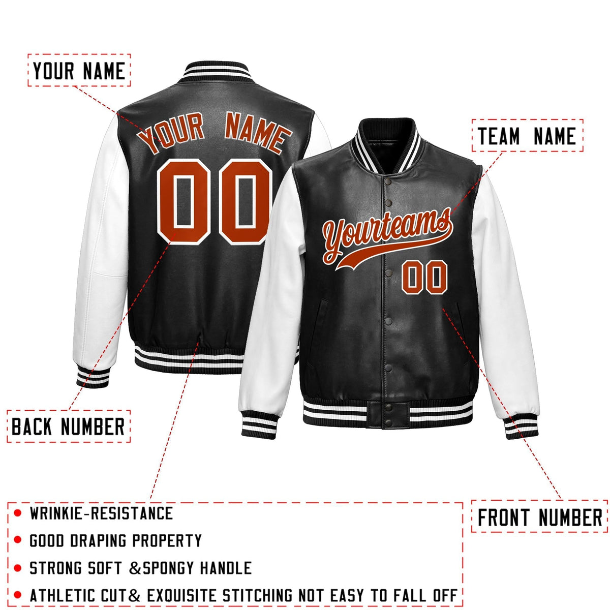 Custom Black White Dark Orange Raglan Sleeves Full-Snap Varsity Faux Leather Letterman Jacket| KXKSHOP