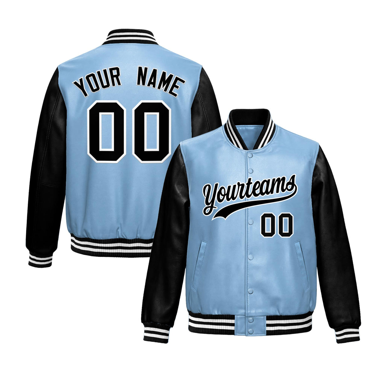 Custom Powder Blue Black Raglan Sleeves Full-Snap Varsity Faux Leather Letterman Jacket| KXKSHOP
