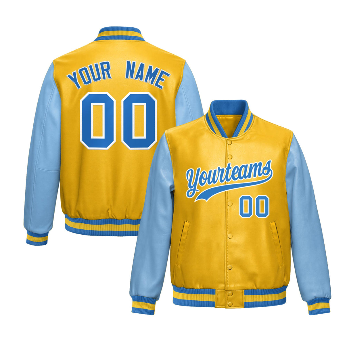Custom Yellow Powder Blue Raglan Sleeves Full-Snap Varsity Faux Leather Letterman Jacket| KXKSHOP
