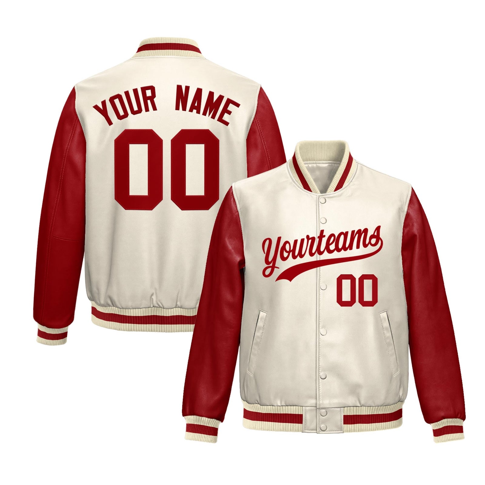 Custom Cream Red Raglan Sleeves Full-Snap Varsity Faux Leather Letterman Jacket| KXKSHOP