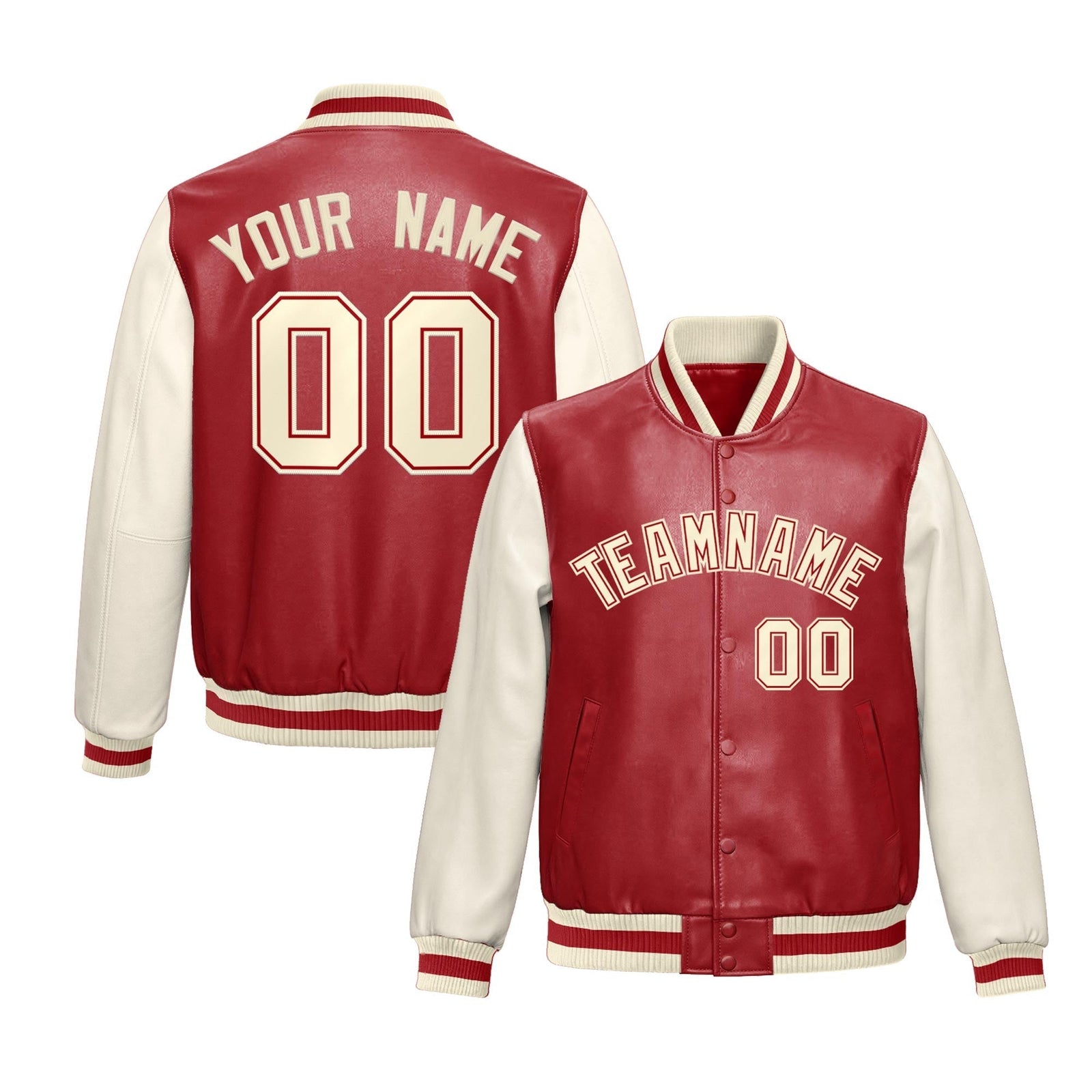 Custom Red Cream Raglan Sleeves Full-Snap Varsity Faux Leather Letterman Jacket| KXKSHOP