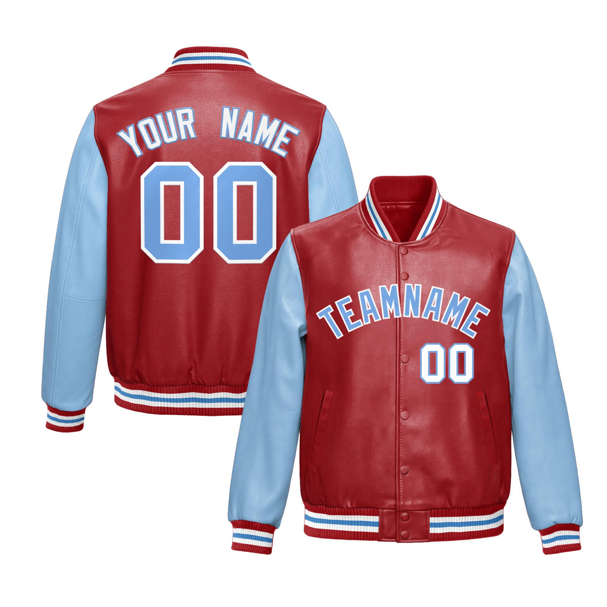 Custom Red Powder Blue Raglan Sleeves Full-Snap Varsity Faux Leather Letterman Jacket| KXKSHOP