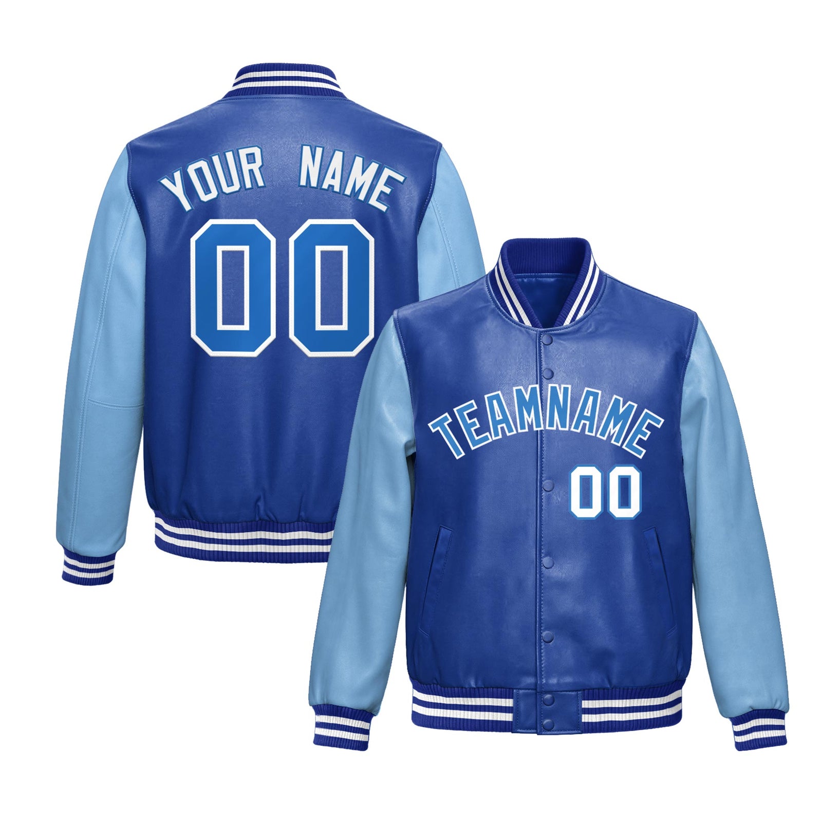 Custom Royal Blue Powder Blue Raglan Sleeves Full-Snap Varsity Faux Leather Letterman Jacket| KXKSHOP