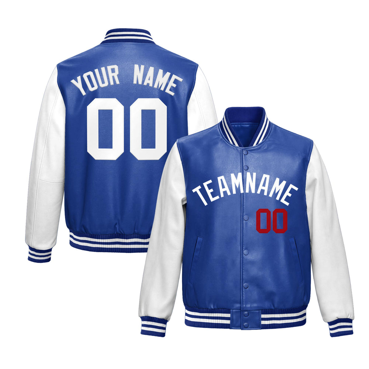 Custom Royal Blue White Raglan Sleeves Full-Snap Varsity Faux Leather Letterman Jacket| KXKSHOP