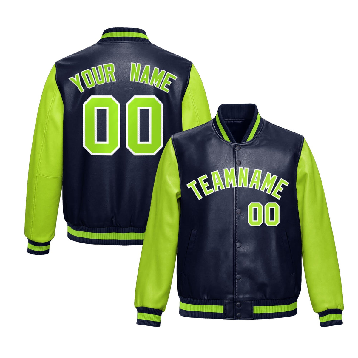 Custom Navy Neon Green Raglan Sleeves Full-Snap Varsity Faux Leather Letterman Jacket| KXKSHOP
