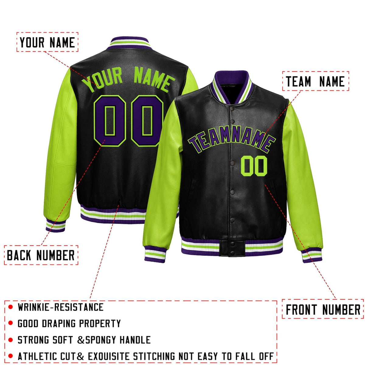 Custom Black Neon Green Raglan Sleeves Full-Snap Varsity Faux Leather Letterman Jacket| KXKSHOP
