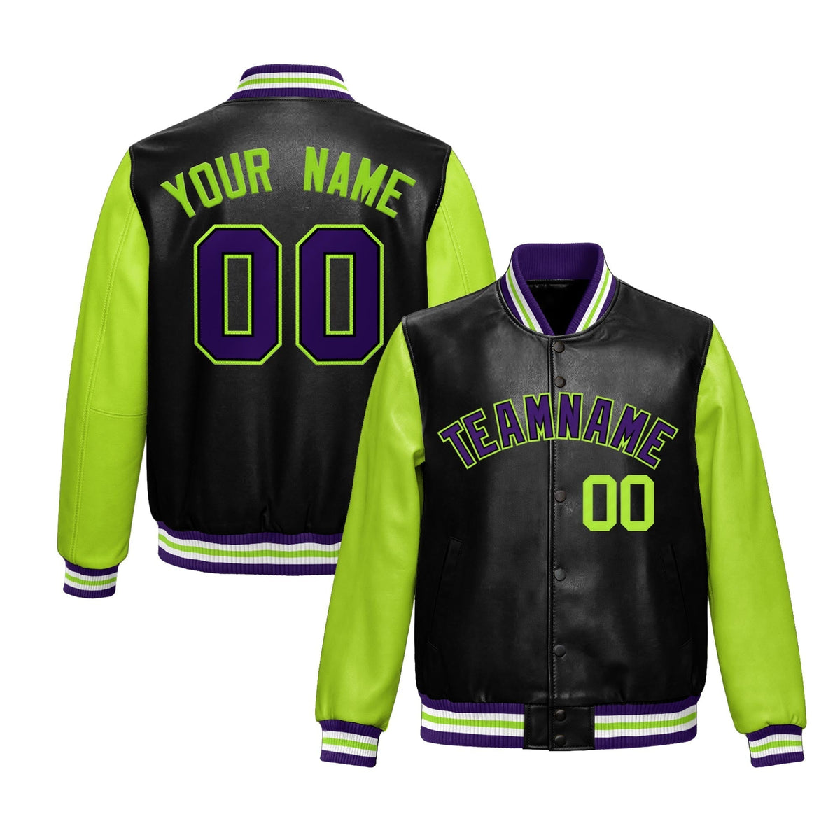Custom Black Neon Green Raglan Sleeves Full-Snap Varsity Faux Leather Letterman Jacket| KXKSHOP