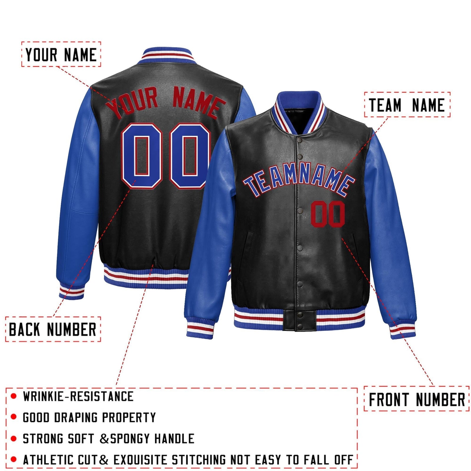 Custom Black Royal Blue Red Raglan Sleeves Full-Snap Varsity Faux Leather Letterman Jacket| KXKSHOP