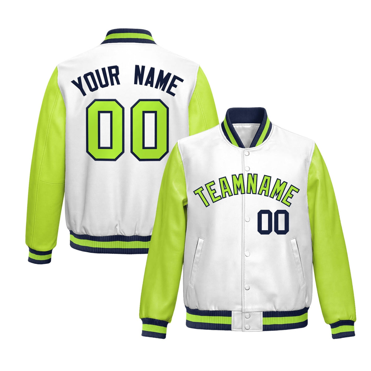 Custom White Neon Green Raglan Sleeves Full-Snap Varsity Faux Leather Letterman Jacket| KXKSHOP