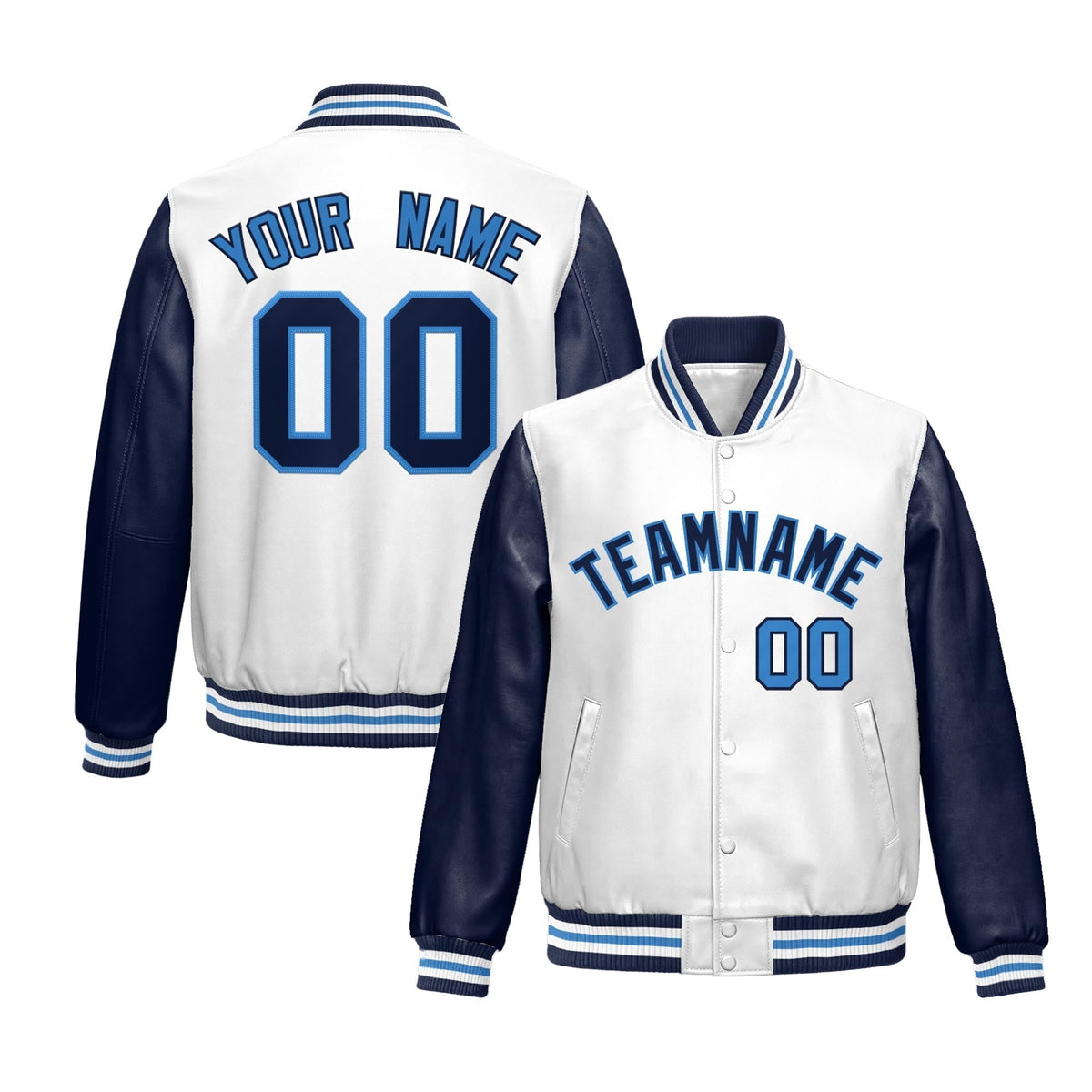 Custom White Navy Light Blue Raglan Sleeves Full-Snap Varsity Faux Leather Letterman Jacket| KXKSHOP