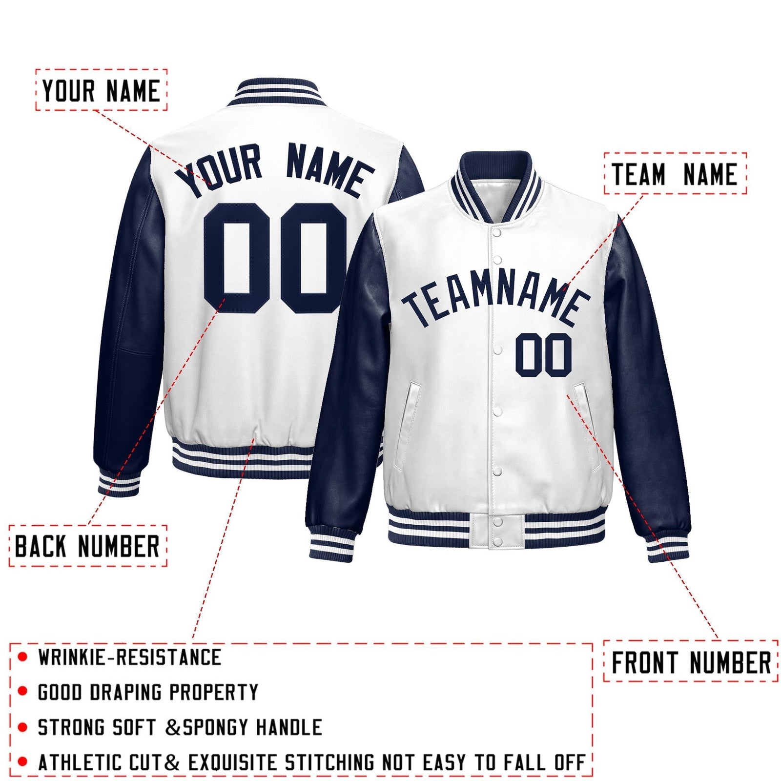 Custom Navy White Raglan Sleeves Full-Snap Varsity Faux Leather Letterman Jacket| KXKSHOP