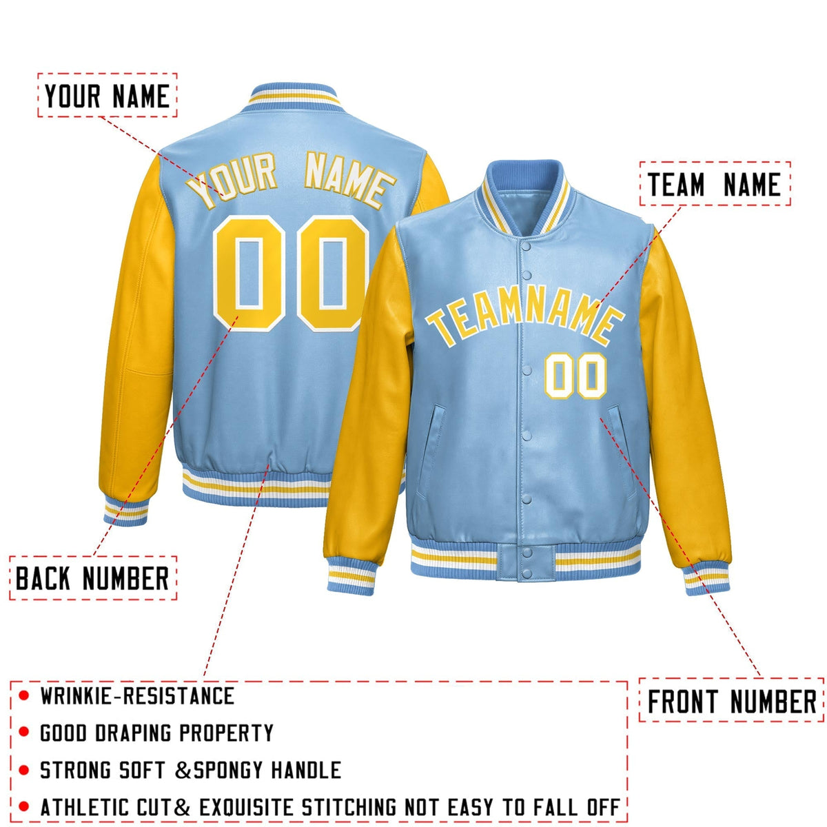Custom Powder Blue Yellow Raglan Sleeves Full-Snap Varsity Faux Leather Letterman Jacket| KXKSHOP