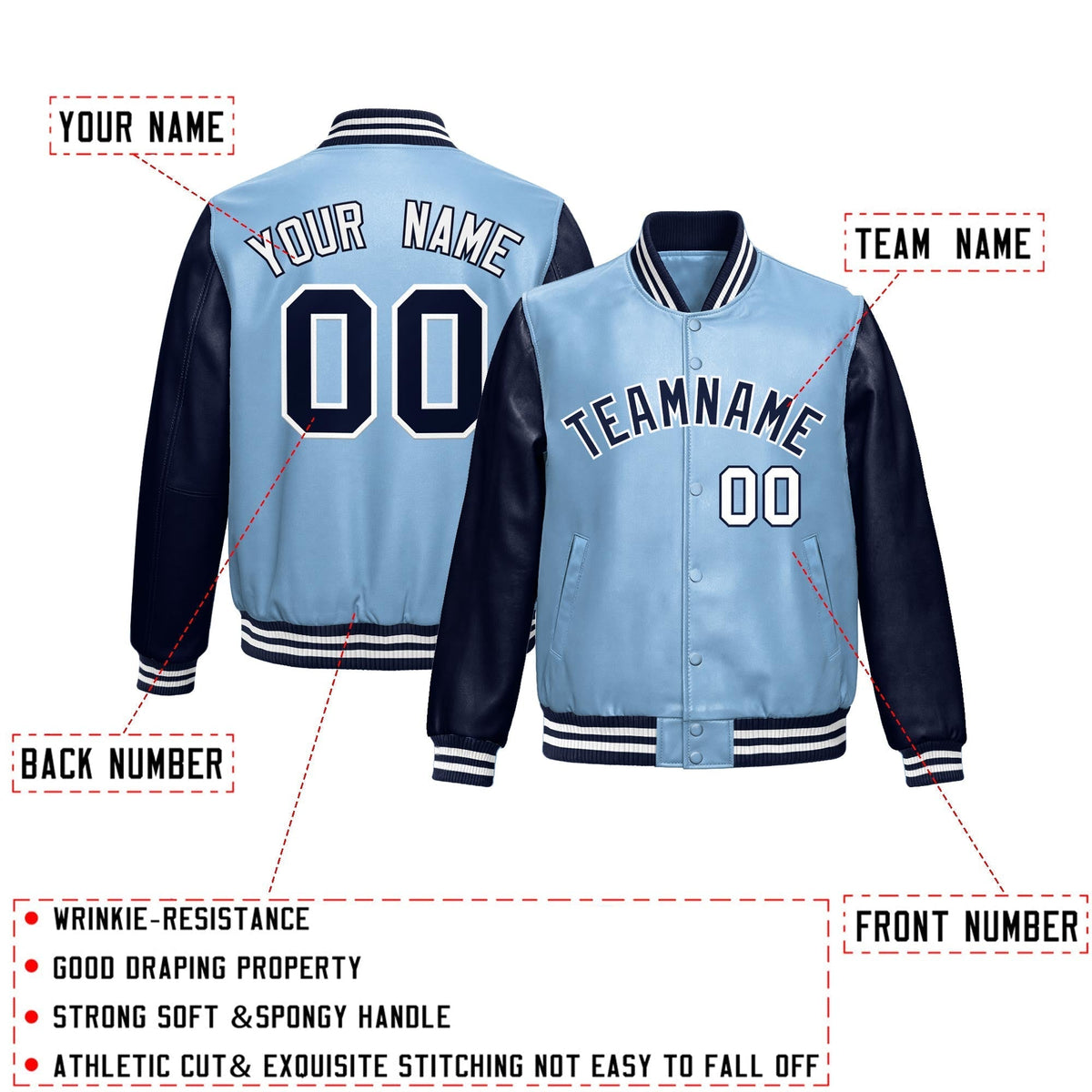 Custom Powder Blue Navy Raglan Sleeves Full-Snap Varsity Faux Leather Letterman Jacket| KXKSHOP