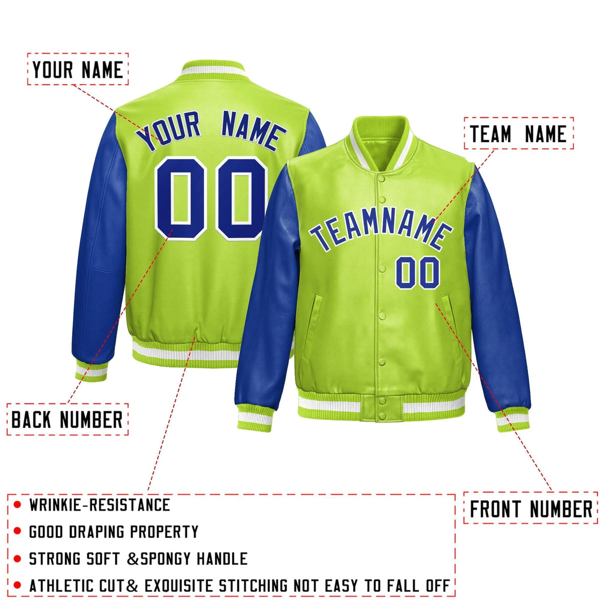 Custom Neon Green Royal Blue Raglan Sleeves Full-Snap Varsity Faux Leather Letterman Jacket| KXKSHOP