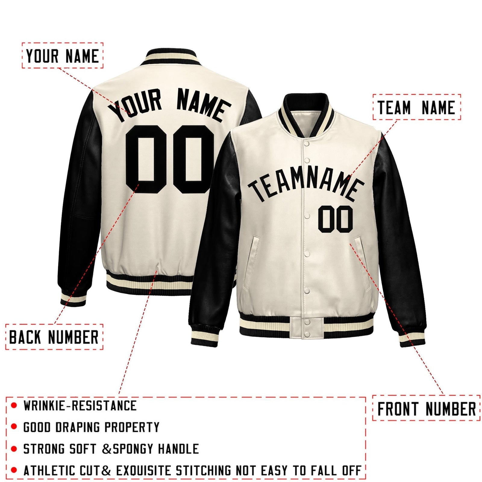 Custom Cream Black Raglan Sleeves Full-Snap Varsity Faux Leather Letterman Jacket| KXKSHOP