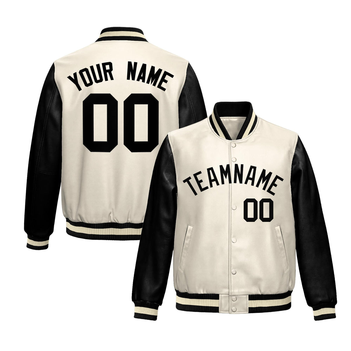 Custom Cream Black Raglan Sleeves Full-Snap Varsity Faux Leather Letterman Jacket| KXKSHOP