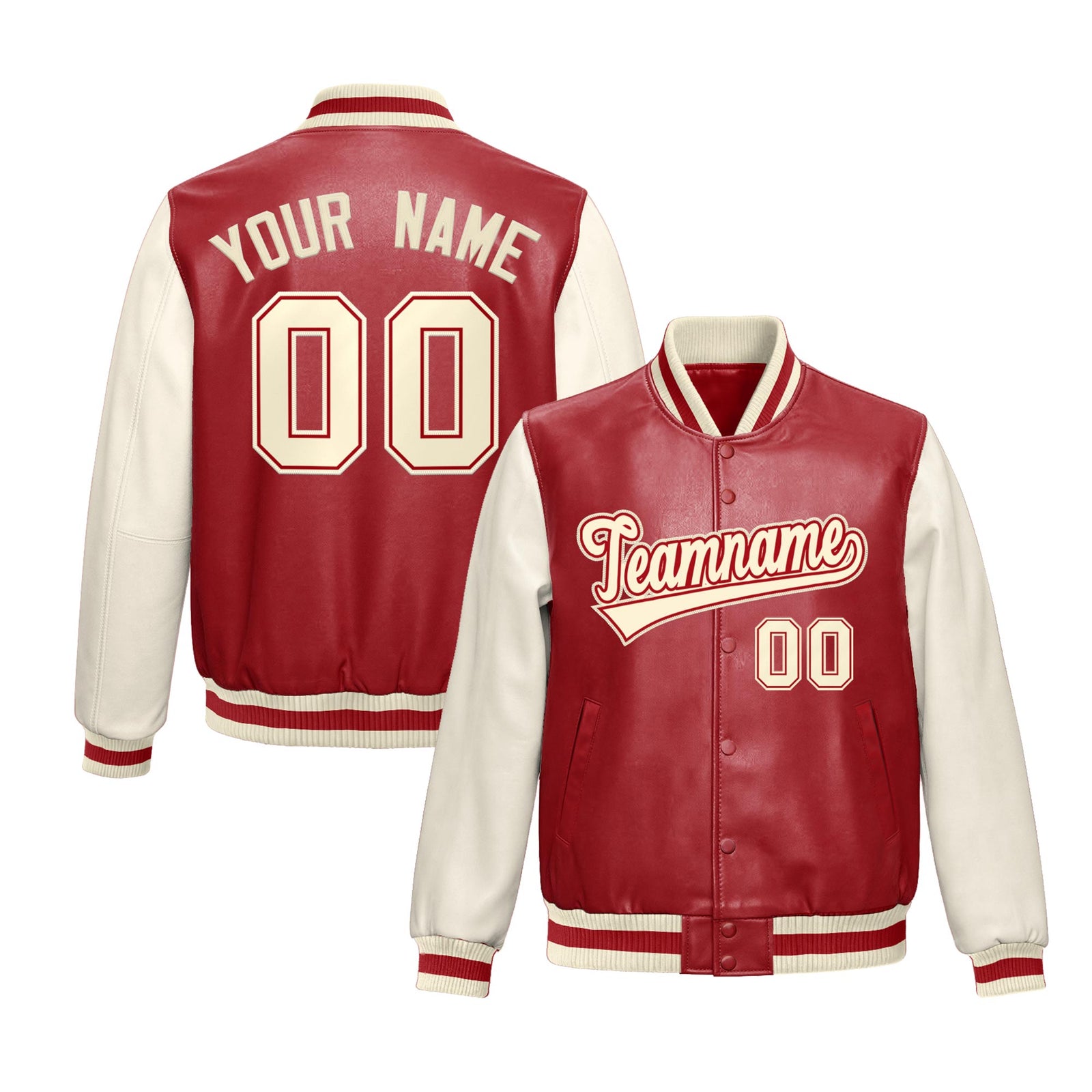 Custom Red Cream Raglan Sleeves Full-Snap Varsity Faux Leather Letterman Jacket| KXKSHOP