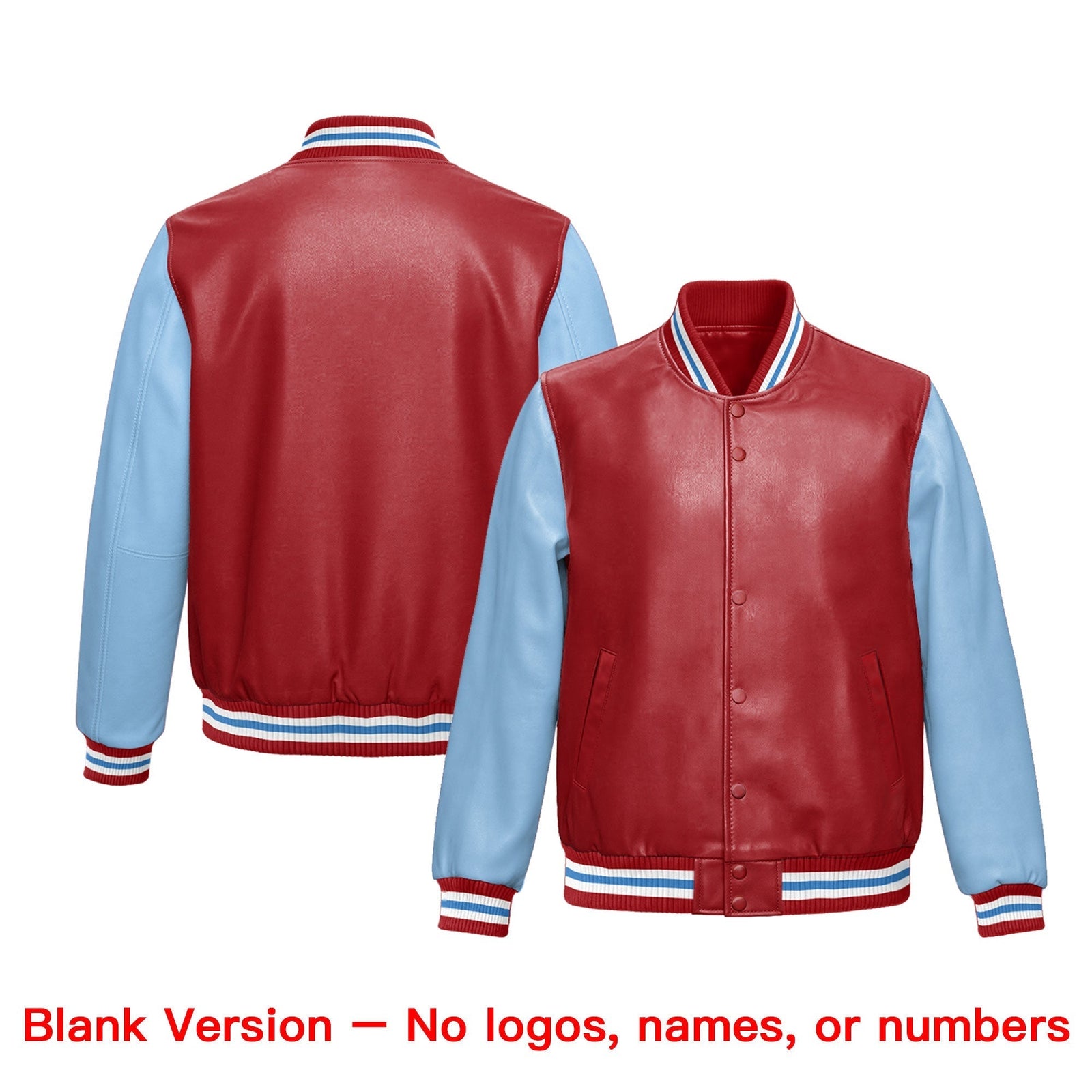 Custom Red Powder Blue Raglan Sleeves Full-Snap Varsity Faux Leather Letterman Jacket| KXKSHOP