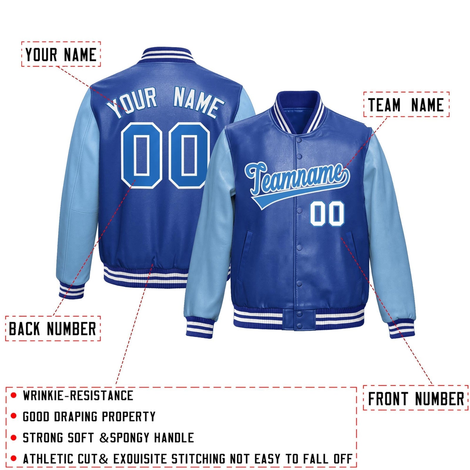 Custom Royal Blue Powder Blue Raglan Sleeves Full-Snap Varsity Faux Leather Letterman Jacket| KXKSHOP
