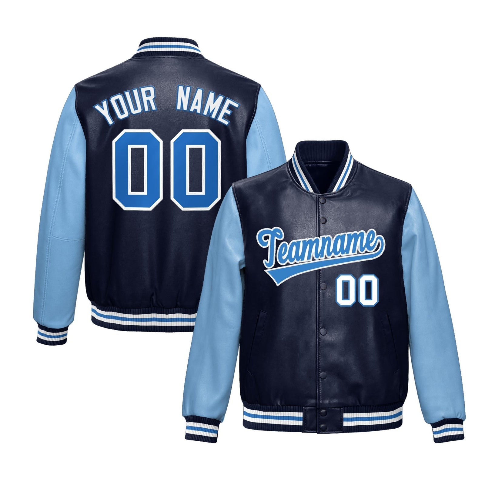 Custom Navy Powder Blue Raglan Sleeves Full-Snap Varsity Faux Leather Letterman Jacket| KXKSHOP