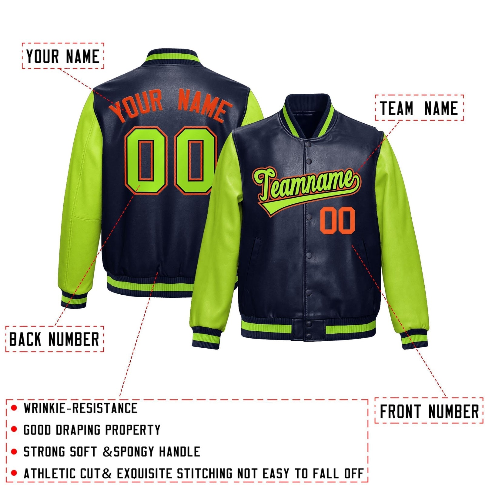 Custom Neon Green Navy Raglan Sleeves Full-Snap Varsity Faux Leather Letterman Jacket| KXKSHOP