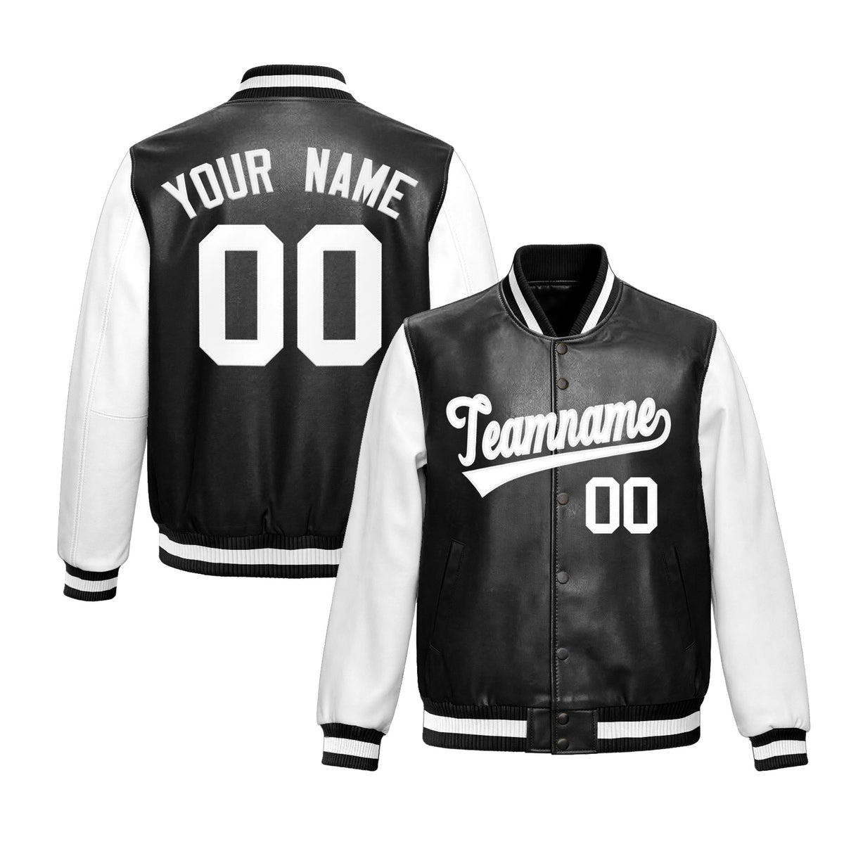 Custom Black White Raglan Sleeves Full-Snap Varsity Faux Leather Letterman Jacket| KXKSHOP