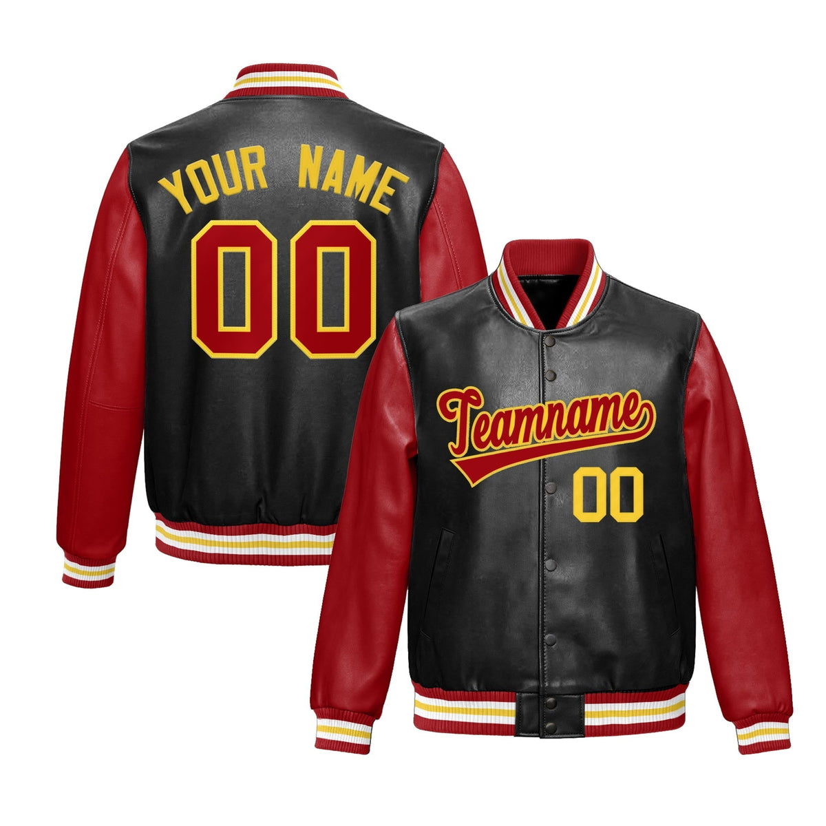 Custom Black Red Gold Raglan Sleeves Full-Snap Varsity Faux Leather Letterman Jacket| KXKSHOP