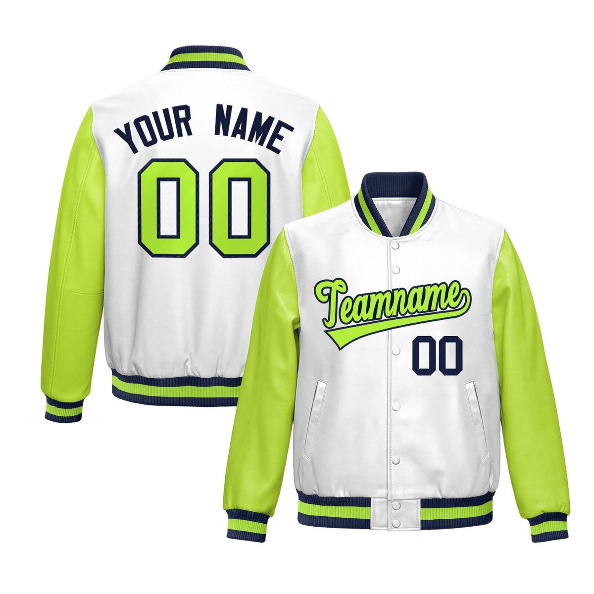 Custom White Neon Green Raglan Sleeves Full-Snap Varsity Faux Leather Letterman Jacket| KXKSHOP