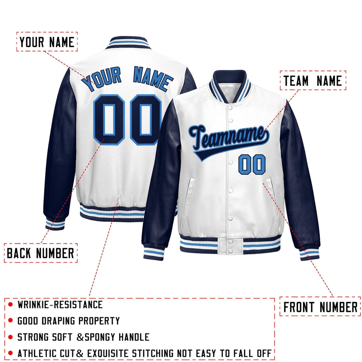 Custom White Navy Light Blue Raglan Sleeves Full-Snap Varsity Faux Leather Letterman Jacket| KXKSHOP