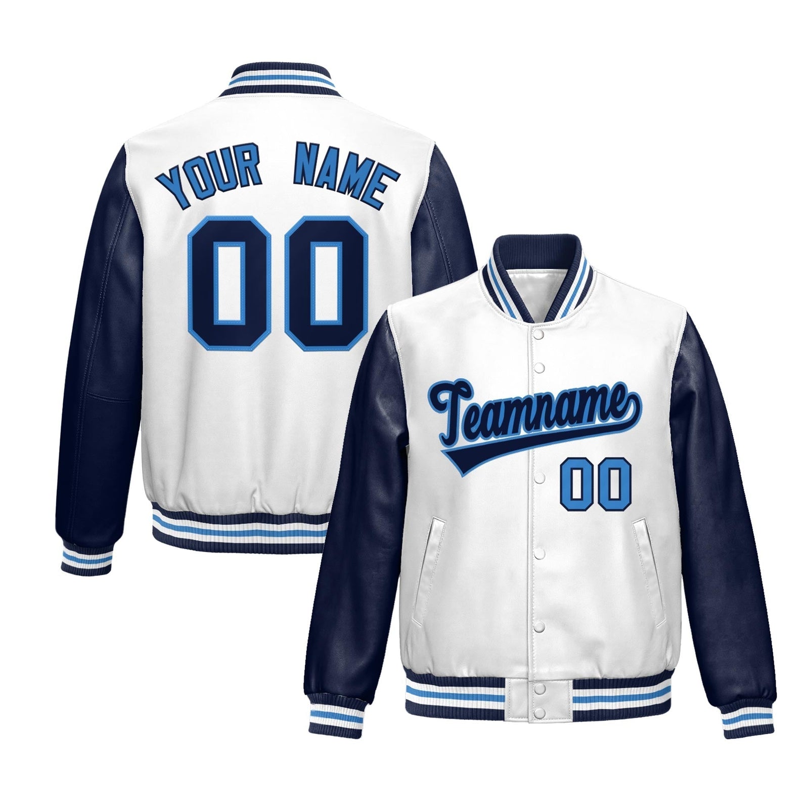 Custom White Navy Light Blue Raglan Sleeves Full-Snap Varsity Faux Leather Letterman Jacket| KXKSHOP