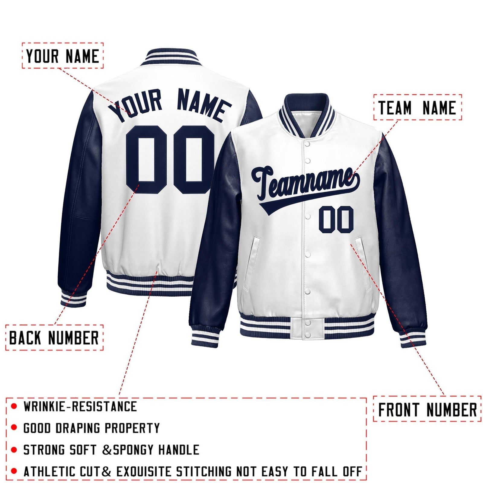 Custom Navy White Raglan Sleeves Full-Snap Varsity Faux Leather Letterman Jacket| KXKSHOP