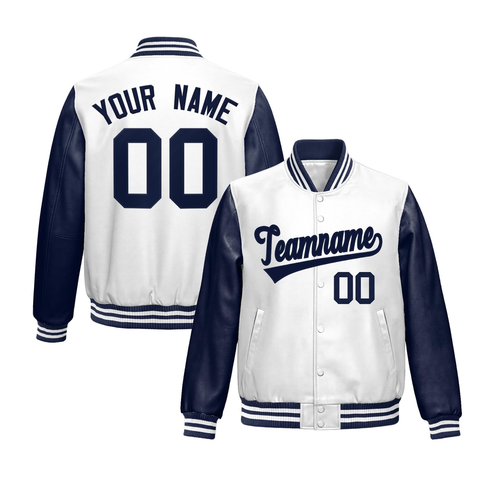 Custom Navy White Raglan Sleeves Full-Snap Varsity Faux Leather Letterman Jacket| KXKSHOP