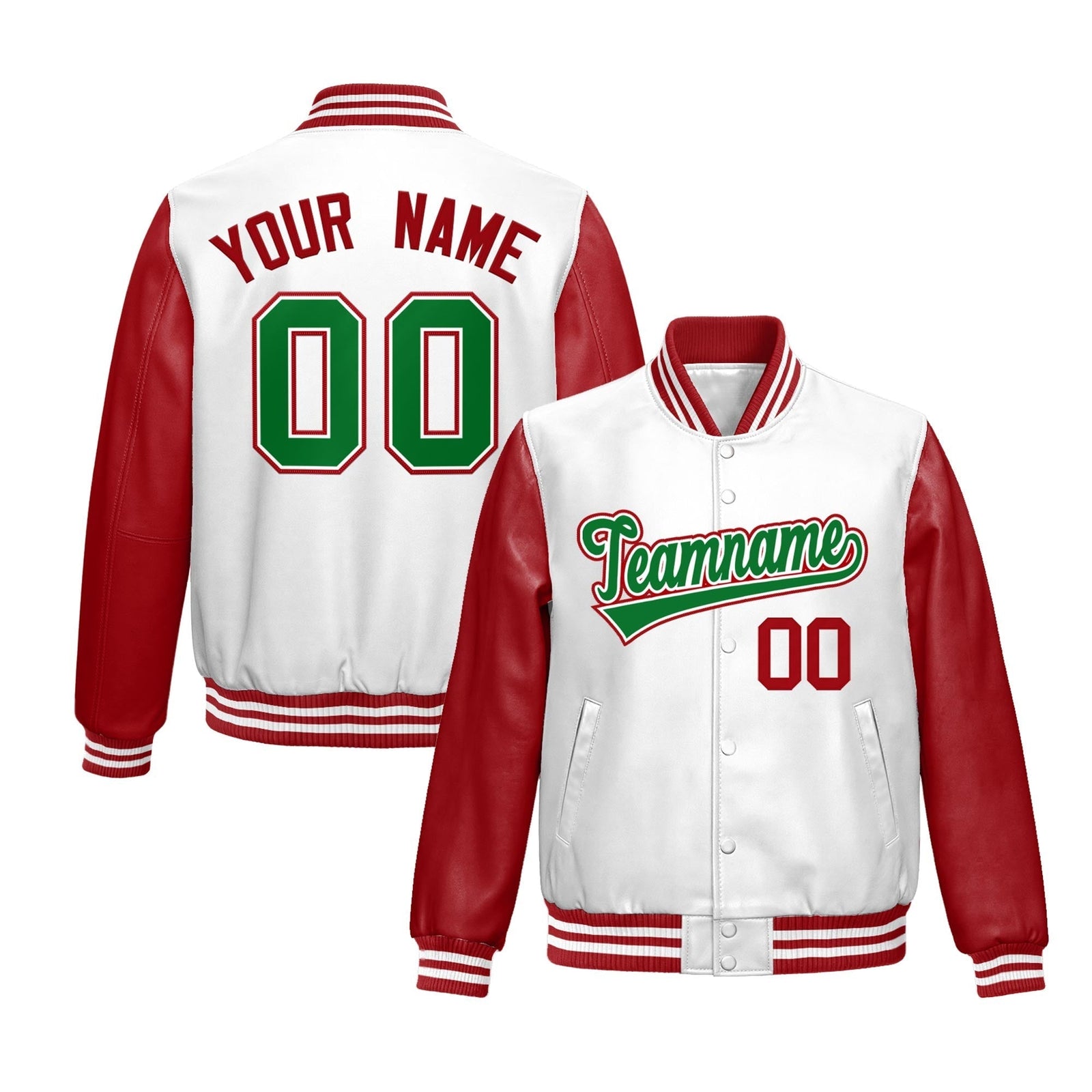 Custom White Red Kelly Green Raglan Sleeves Full-Snap Varsity Faux Leather Letterman Jacket| KXKSHOP