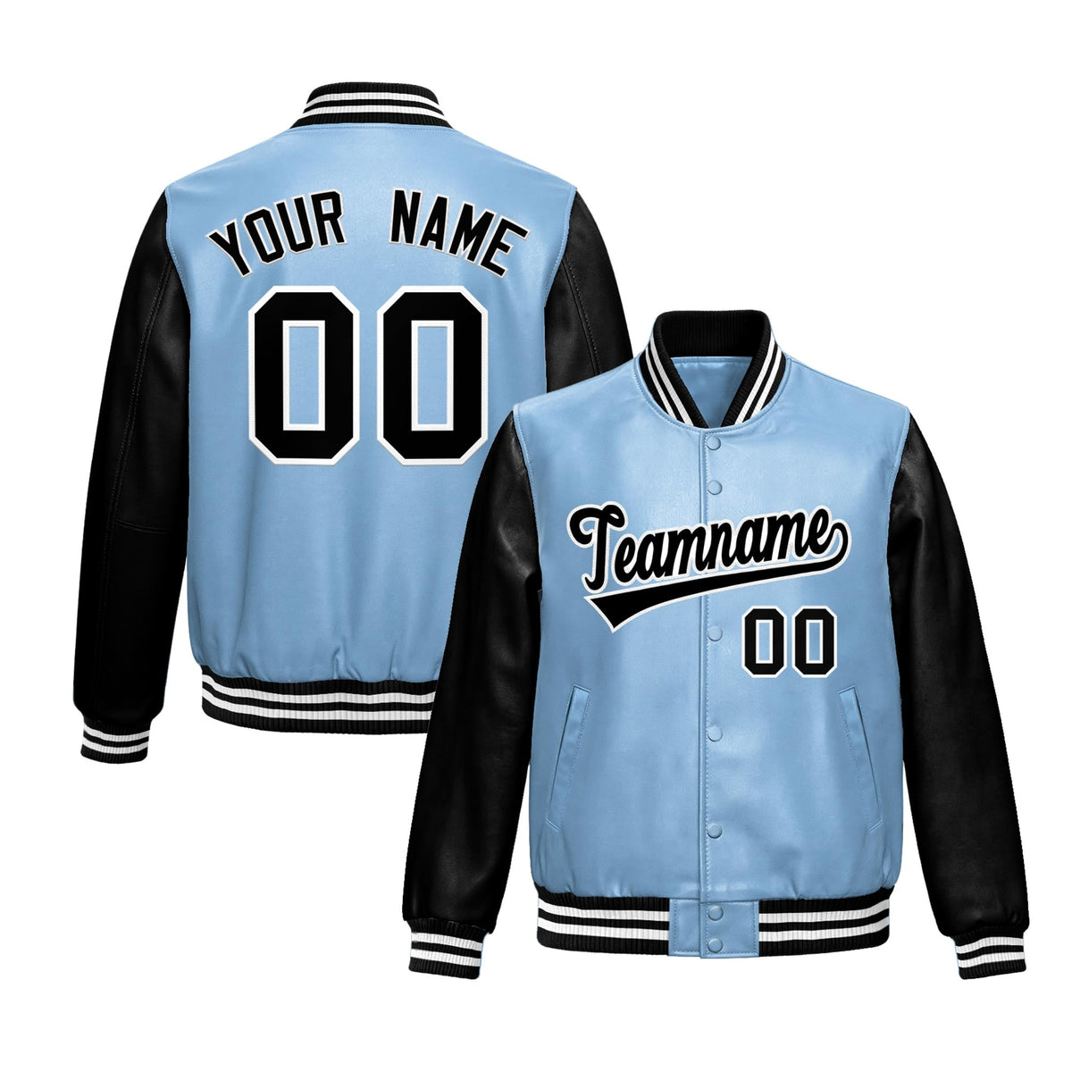 Custom Powder Blue Black Raglan Sleeves Full-Snap Varsity Faux Leather Letterman Jacket| KXKSHOP