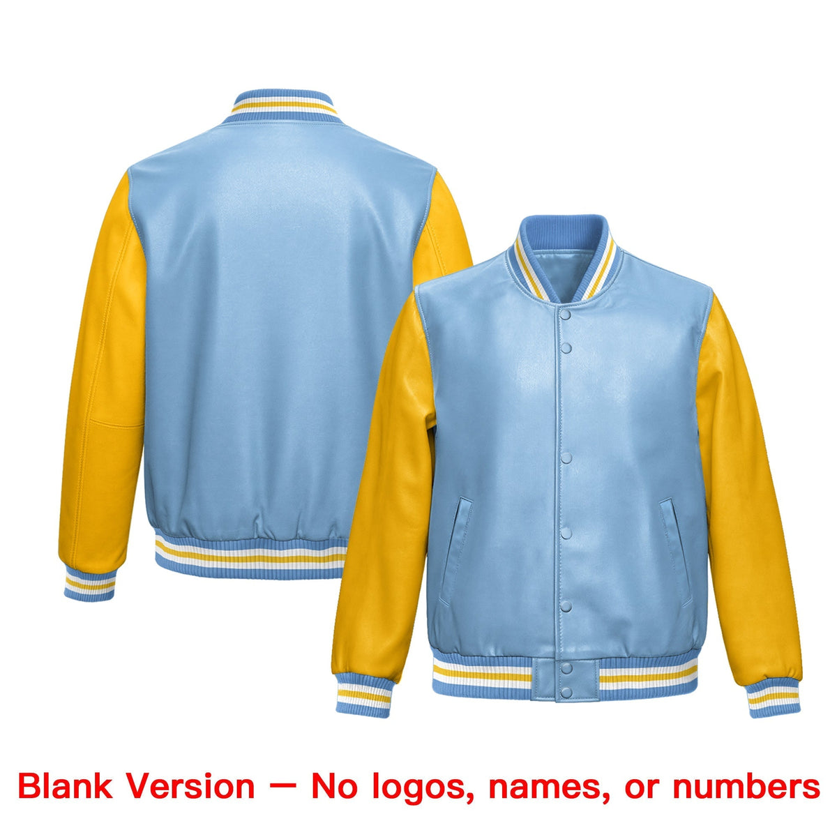Custom Powder Blue Yellow Raglan Sleeves Full-Snap Varsity Faux Leather Letterman Jacket| KXKSHOP