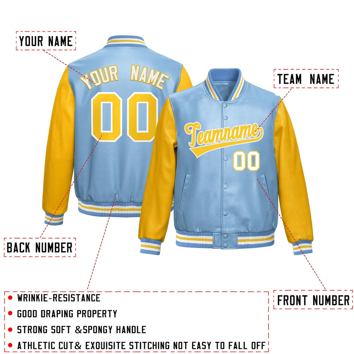 Custom Powder Blue Yellow Raglan Sleeves Full-Snap Varsity Faux Leather Letterman Jacket| KXKSHOP