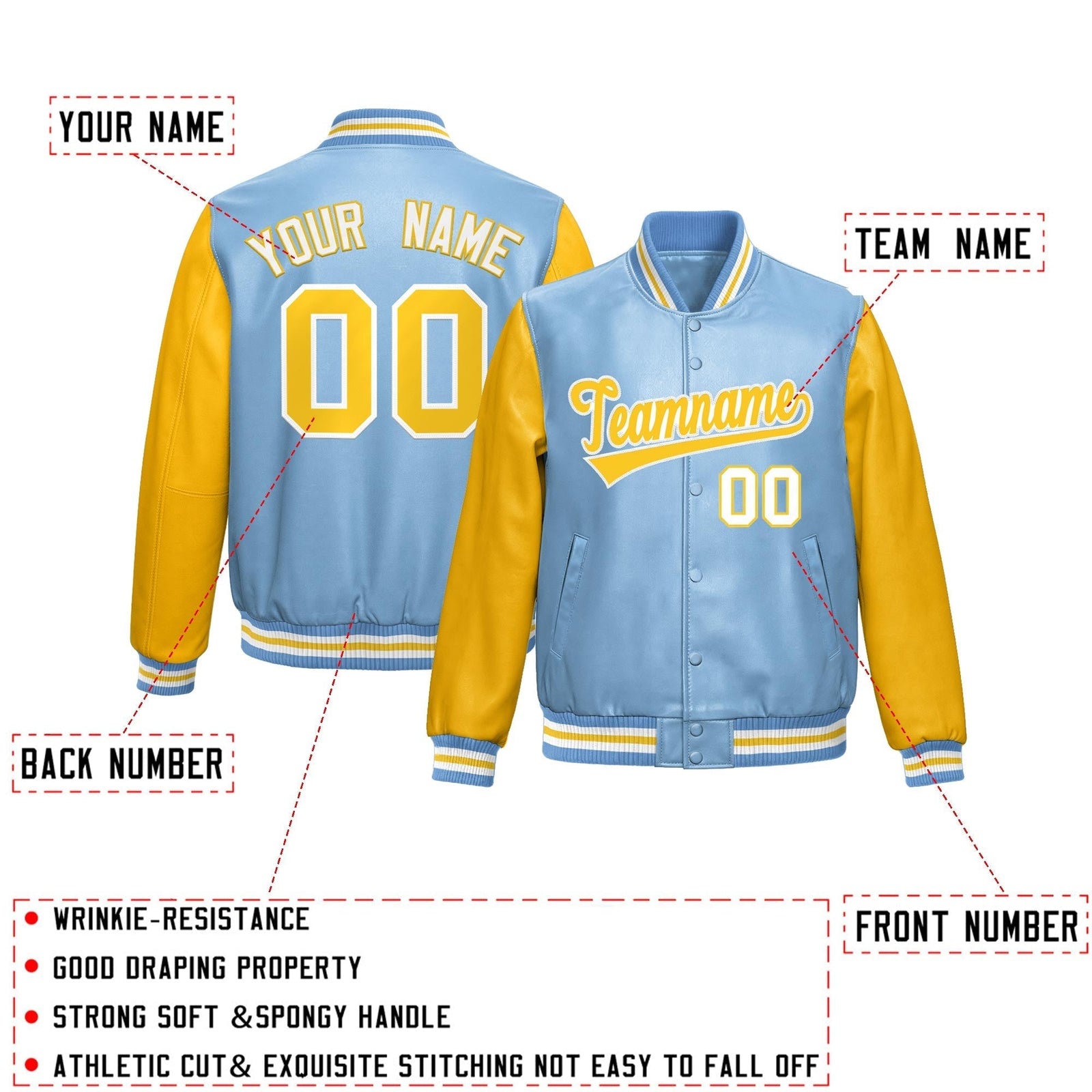 Custom Powder Blue Yellow Raglan Sleeves Full-Snap Varsity Faux Leather Letterman Jacket| KXKSHOP