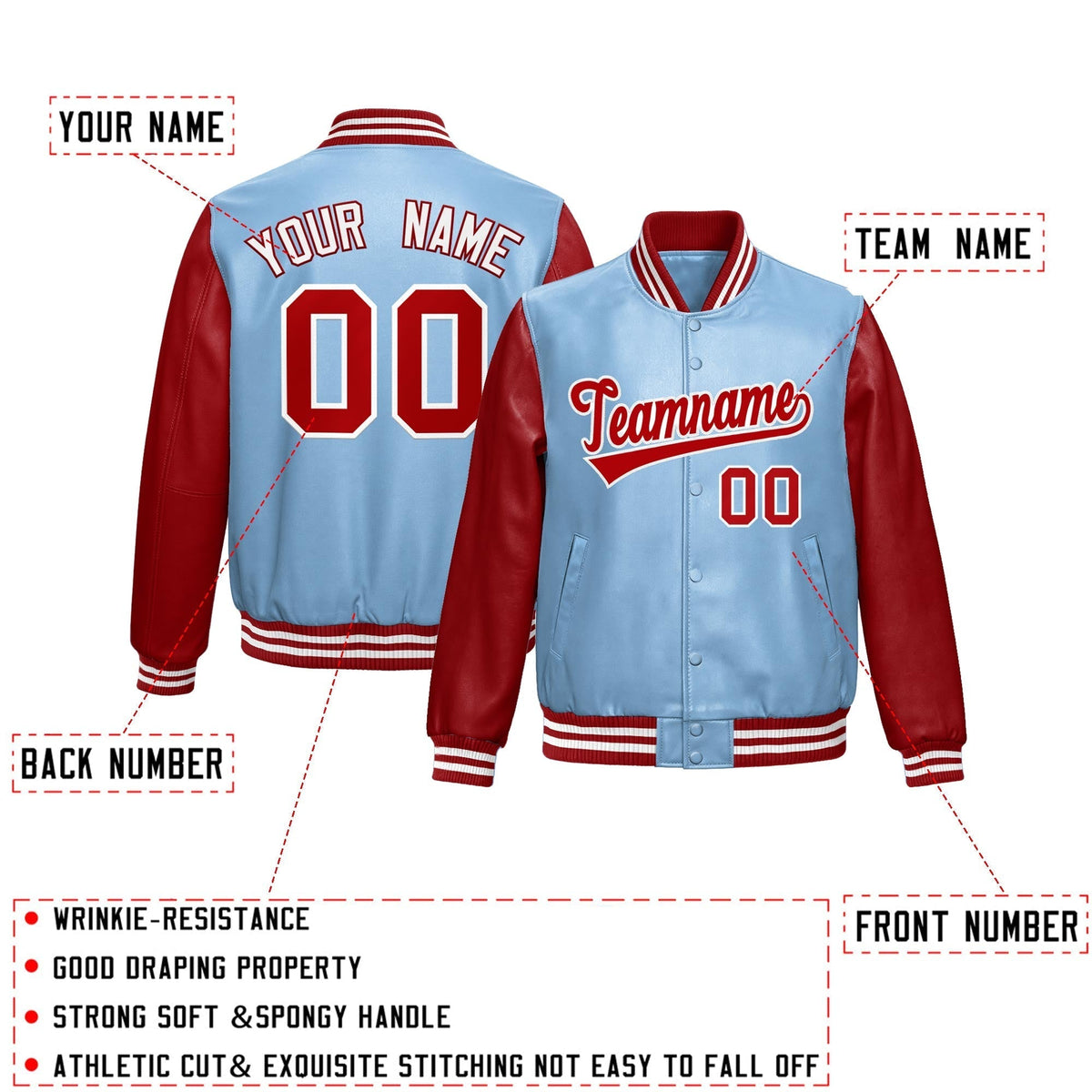 Custom Powder Blue Red Raglan Sleeves Full-Snap Varsity Faux Leather Letterman Jacket| KXKSHOP