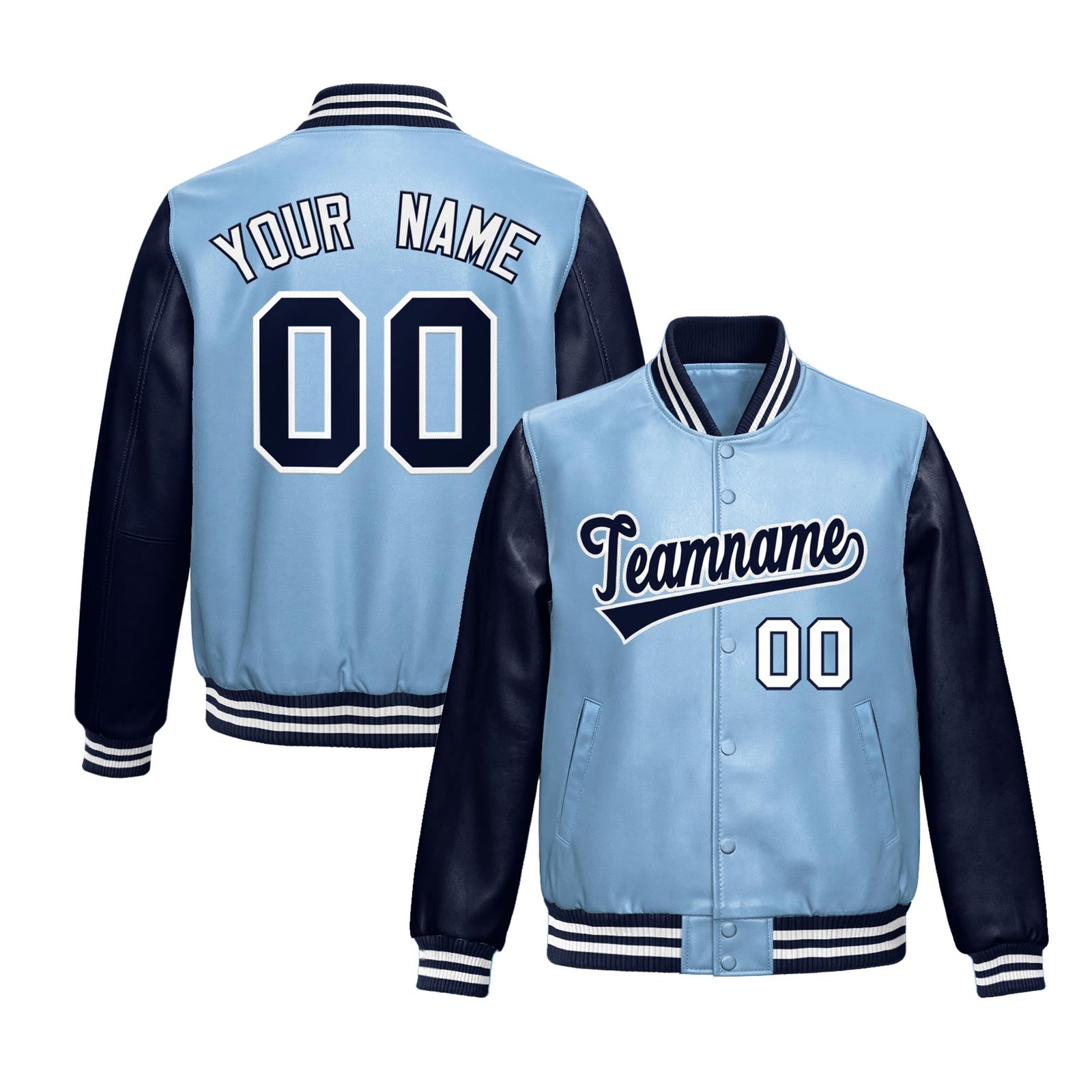 Custom Powder Blue Navy Raglan Sleeves Full-Snap Varsity Faux Leather Letterman Jacket| KXKSHOP