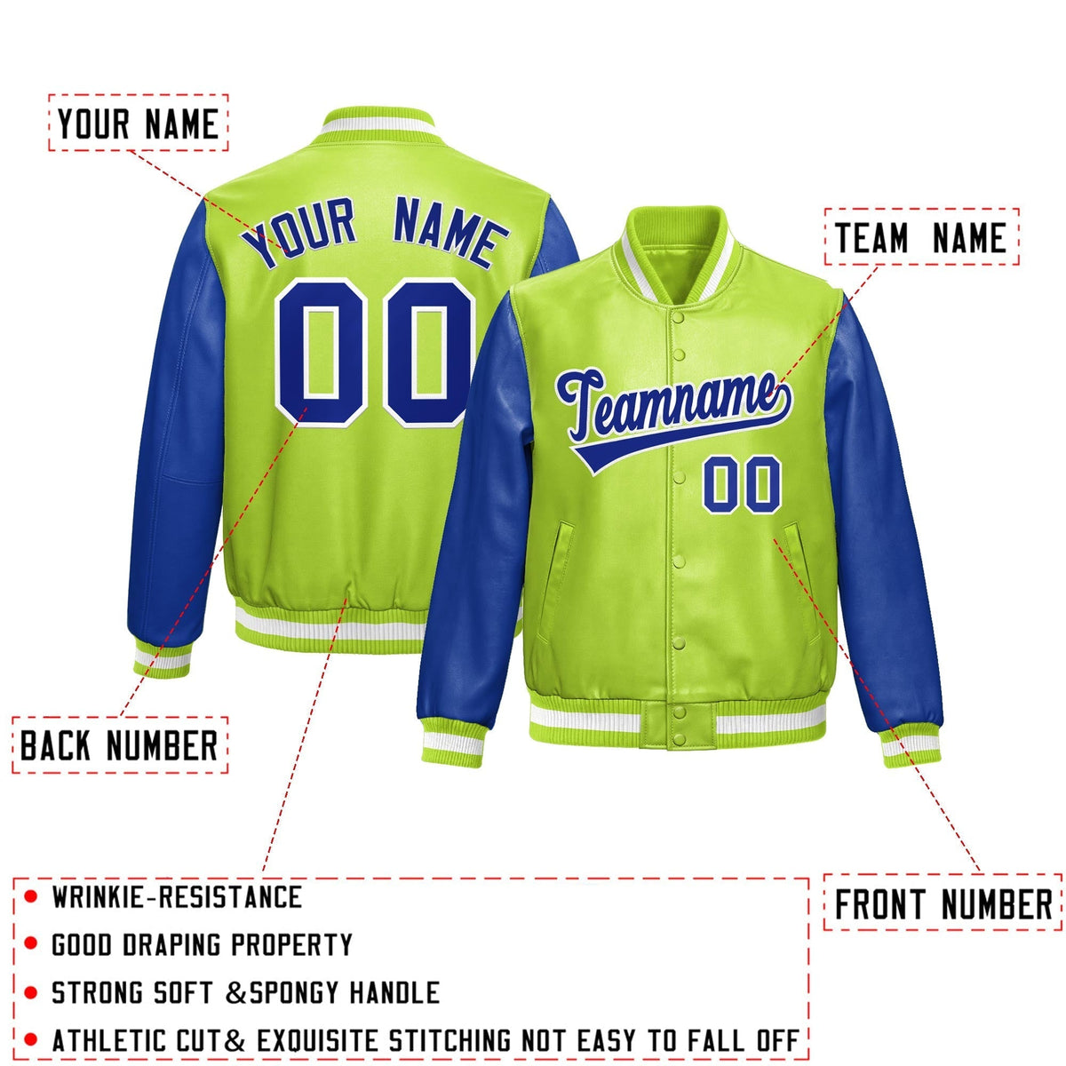 Custom Neon Green Royal Blue Raglan Sleeves Full-Snap Varsity Faux Leather Letterman Jacket| KXKSHOP